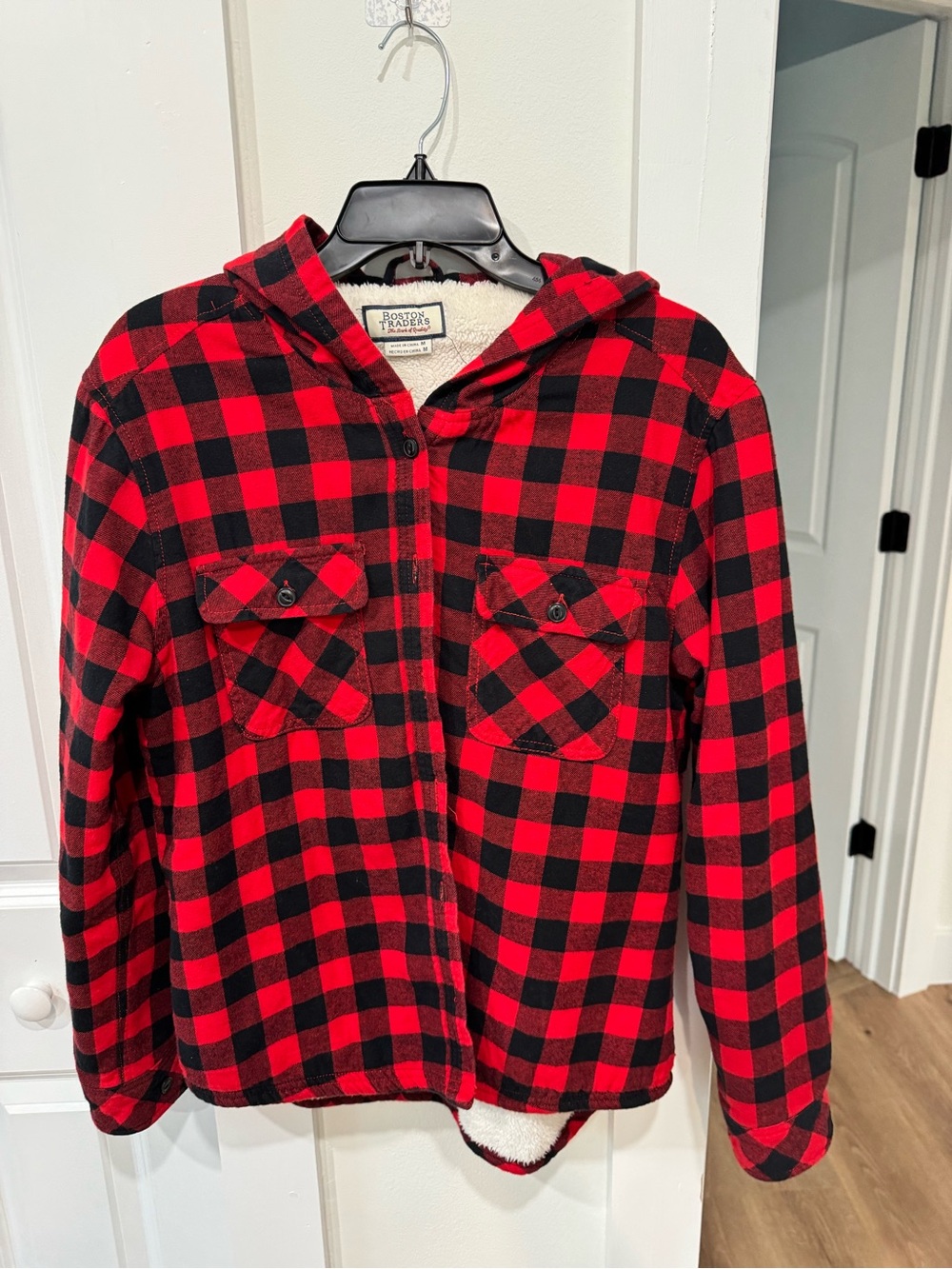 Boston Traders Red and Black Plaid Sherpa-Lined Hooded Jacket